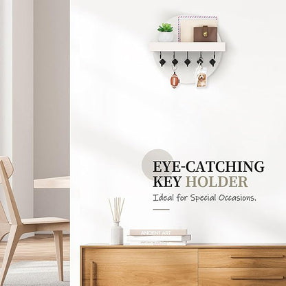 Nekon Key Holder Wall Mount, Key and Mail Organizer for Wall, 9.8 Inch Round Wooden Rustic Wall Organizer for Entryway, Hallway, Kitchen, Office (White)