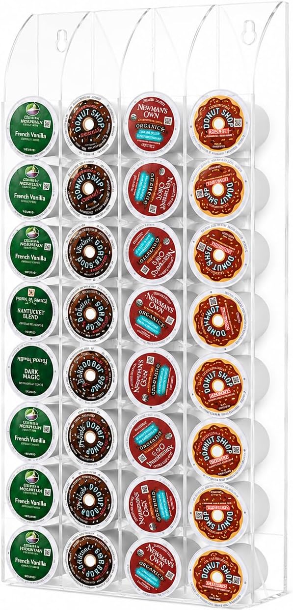 OnDisplay Wall Mount Acrylic Coffee Pod Holder Compatible with Keurig K-Cup Capsules, 32 Pod Capacity Clear K Cup Storage Organizer Rack for Kitchen Counter, Coffee Bar Stations and Pantry, No