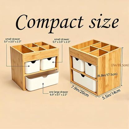 Bamboo Makeup Organizer with 3 Pink Drawers, Dresser Cosmetic Organizer Box,Bamboo Desk Organizer for Home with Adjustable Dividers