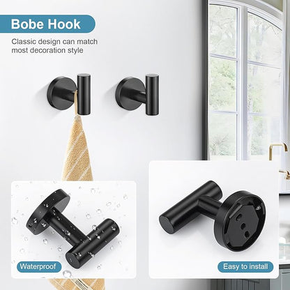 TQKAG Matte Black Bathroom Hardware Set 5 Pieces, SUS304 Stainless Steel Towel Bar Set Round Bathroom Towel Rack Set Wall Mounted