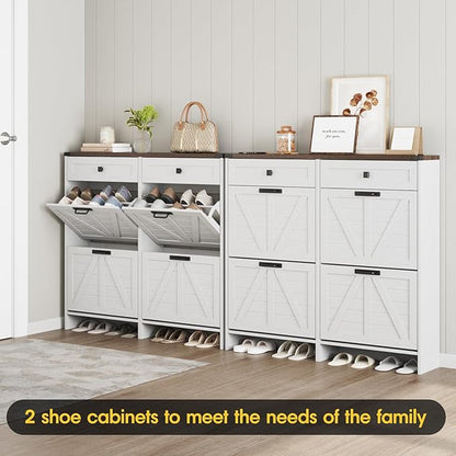 Shoe Cabinet with 4 Flip Drawers & 2 Drawers,Farmhouse Shoe Storage Cabinet for Entryway,Slim Freestanding Organizer Rack for Front Door Entrance,White