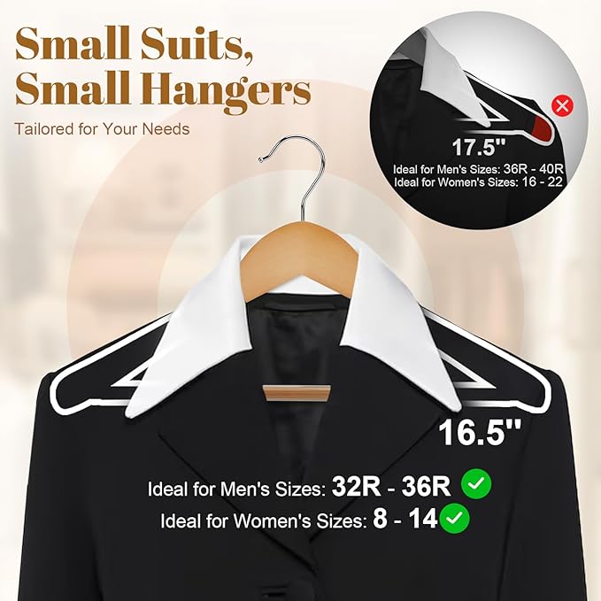 HOUSE DAY Wooden Suit Hangers 6 Pack，Heavy Duty Wide Shoulder Wooden Hangers, Solid Wood Coat Hanger with Non-Slip Pant Bar for Petite Adults, Teens and Small Suits, Coats, Jackets (Natural，16.5'')