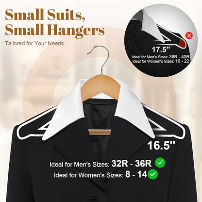 HOUSE DAY Wooden Suit Hangers 6 Pack，Heavy Duty Wide Shoulder Wooden Hangers, Solid Wood Coat Hanger with Non-Slip Pant Bar for Petite Adults, Teens and Small Suits, Coats, Jackets (Natural，16.5'')