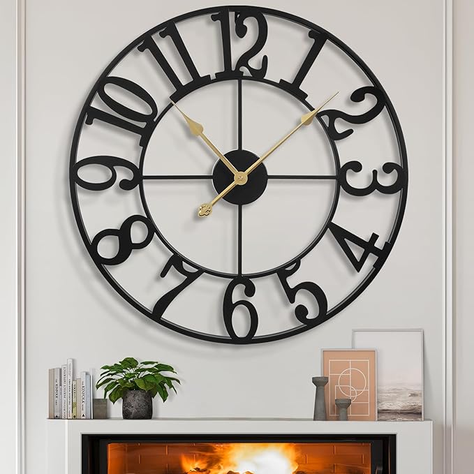 LEIKE Large Wall Clocks for Living Room,Silent,Non Ticking,Battery Operated Oversized Vintage Round Modern Metal Wall Clock for Bedroom,Farmhouse,Office Home Decor-24 Inch(Black-Arabic Number)