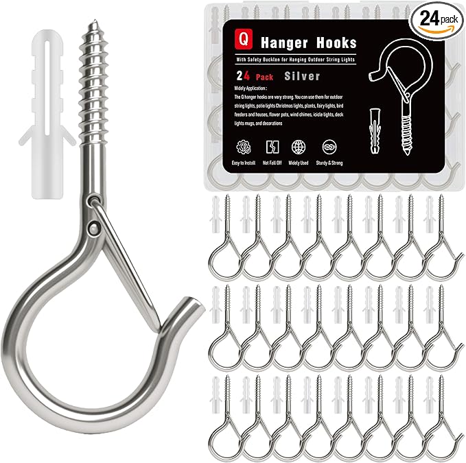 24 Pack Silver Screw Hooks with Safety Buckle - 2.3 Inch Rustproof Eye Ceiling Hooks for Hanging Plants,Outdoor String Lights,Baskets,Christmas Lights & Decor,40lb Capacity (24, Silver)