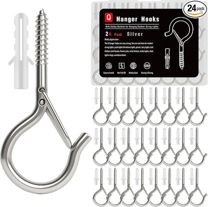 24 Pack Silver Screw Hooks with Safety Buckle - 2.3 Inch Rustproof Eye Ceiling Hooks for Hanging Plants,Outdoor String Lights,Baskets,Christmas Lights & Decor,40lb Capacity (24, Silver)