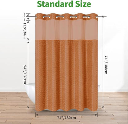 no Hook Shower Curtain and Fabric Liner Set，Thanksgiving Autumn Shower Curtain, Boho Tufted Striped Style with See Through Top Window,Orange, 71Wx74H