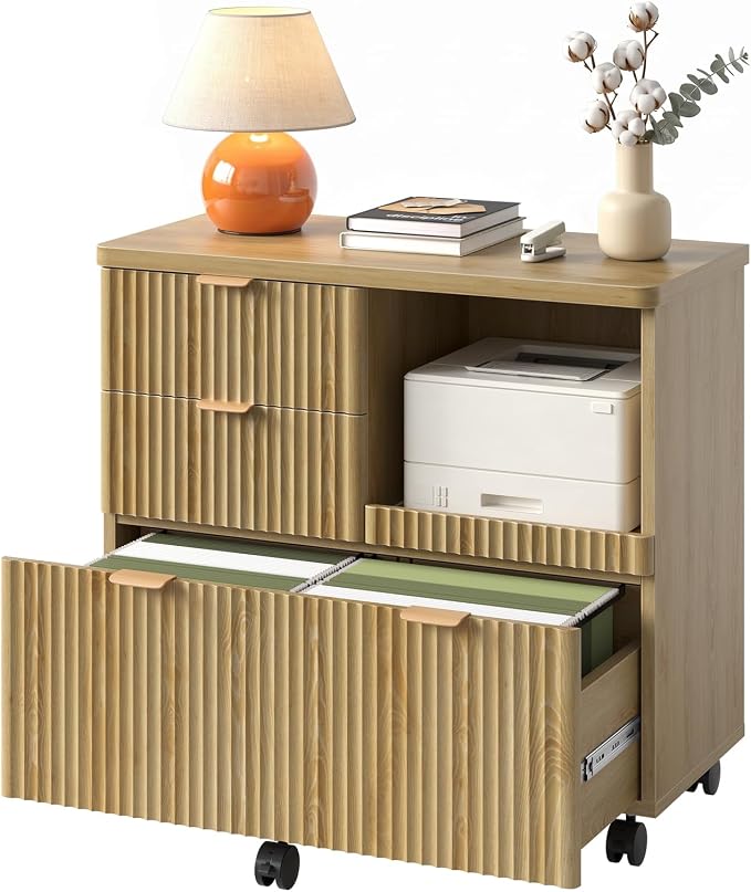 Bestier 3 Drawer File Cabinet, Decorative Fluted Wood Lateral Filing Cabinet with Caster for Home Office, Fits for A4/Letter/Legal-Sized Files, Printer Stand with Open Storage Shelves, Oak
