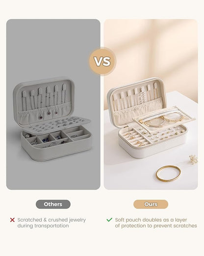 Lolalet Travel Jewelry Case for Women Girls, Travel Jewelry Organizer with Clear Storage Bag Small Portable Jewelry Box for Necklace Bracelet Earring Ring Valentines Bridesmaid Gifts -Medium/Beige