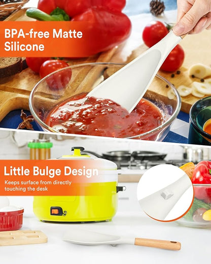 Cooking Spoon for Nonstick Cookwares, Great for Cooking and Serving Sturdy BPA-Free Matte Silicone, Wood Handle Spoon for Mixing, Scoop, and Scrape (WHITE, 11.4 inch)