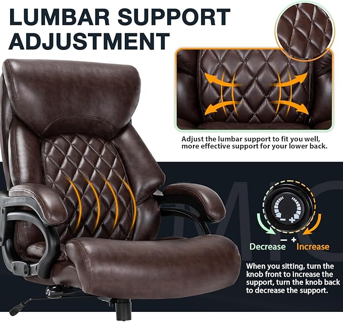 Big and Tall Office Chair for Heavy People, 500LBS High Back Extra Wide Heavy Duty Executive Office Chair Comfortable for Home Office, Large Computer Desk Chair with Adjustable Lumbar Support Brown