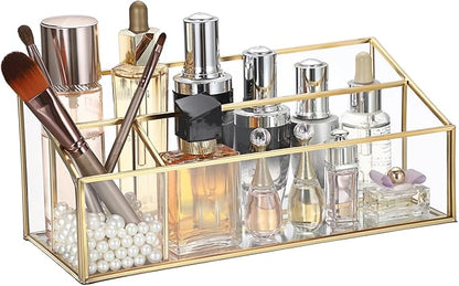 Hipiwe Makeup Organizer Countertop Cosmetic Display Case Gold Glass Vanity Storage Holder 3 Slots Dresser Bathroom Counter Organizer for Makeup Brush Lipsticks Perfume Skincare Products