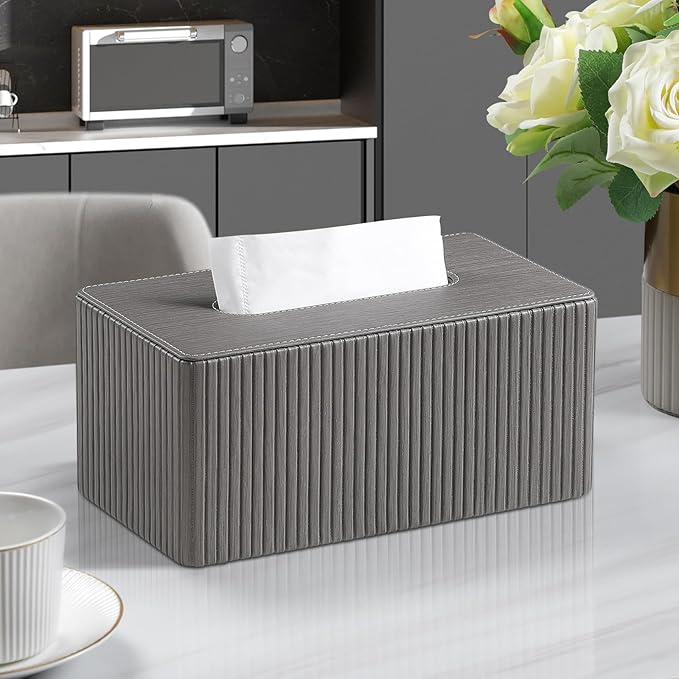 MEIBOOCH PU Leather Tissue Box Cover for 120(3-Ply)/ 160(2-Ply) Count Box of Tissues, Rectangle Tissue Box Holder for Bathroom Bedroom Living Room Office (Slate Grey Stripe)