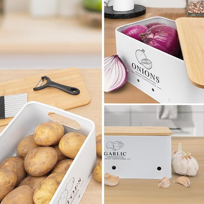 Kitchen Vegetable Storage Set of 3, Metal Onion Garlic Potato Storage Set, Kitchen Canisters Vegetable Keeper Containers with Aerating Holes and Bamboo Lid,White