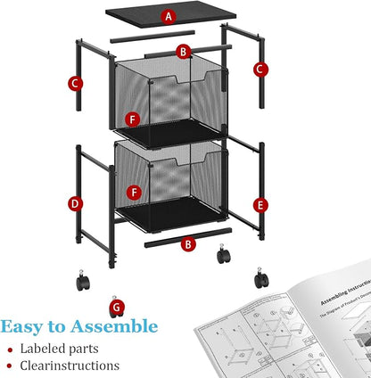 Sbanmao Rolling File Cart with 2 Storage Drawers, Mobile File Cabinet with Wheels, Hanging File Folder Organizer, Under Desk Storage, Printer Stand Utility Cart Filing Cabinet for Home Office,Black