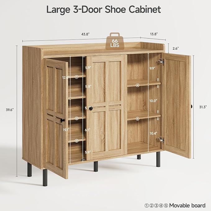 ONBRILL Shoe Cabinet with 3 Doors and Adjustable Shelves, 30 Pairs Shoe Storage Cabinet, 40 Inch Tall Farmhouse Shoe Rack Shoe Organizer Cabinet for Entryway Living Room Closet, Natural Oak