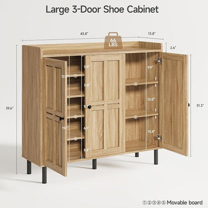 ONBRILL Shoe Cabinet with 3 Doors and Adjustable Shelves, 30 Pairs Shoe Storage Cabinet, 40 Inch Tall Farmhouse Shoe Rack Shoe Organizer Cabinet for Entryway Living Room Closet, Natural Oak