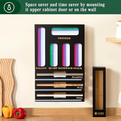 Calmbee 9 in 1 Bamboo Storage Bag Organizer for Kitchen Drawer – Plastic Wrap Dispenser with Cutter & Foil Organizer, Wooden Baggie Organizer for Sandwich, Snack, Gallon, Quart Sizes, Black