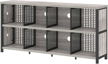 LVB Industrial 4 5 6 7 8 Cube Bookcase, Rustic Wood Metal Horizontal Bookshelf, Modern Wide Cube Organizer Storage Shelf, Large Long Low Book Shelf for Office Bedroom Living Room, Light Grey Oak 63 In