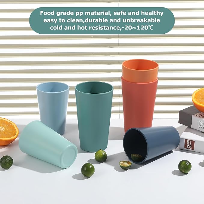24 Pcs Unbreakable Plastic Cups Set, 14 oz Reusable Plastic Cups, Stackable Water Tumblers, Drinking Cup for Kitchen, Outdoor, BPA-free, Dishwasher Refrigerator and Microwave Safe (14 oz, 6 Colors)