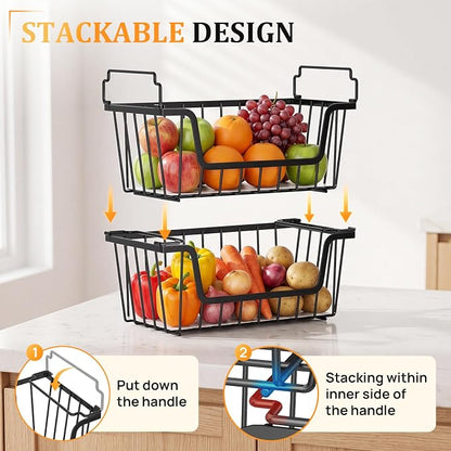 SUNALLY Stackable Storage Bins 6 Pcs Wire Baskets for Pantry Organizers and Storage, Vegetable Fruit Storage Basket for Countertop Organizer,Kitchen Storage Baskets for Onion Potato Snack,Black