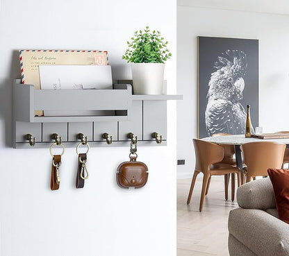Key Holder Wall Mount - Key Hooks for Wall Decor Living Room - Wooden Key Hanger Rack and Mail Organizer with Shelf for Home Essentials - Modern Entryway House Decor Aesthetic