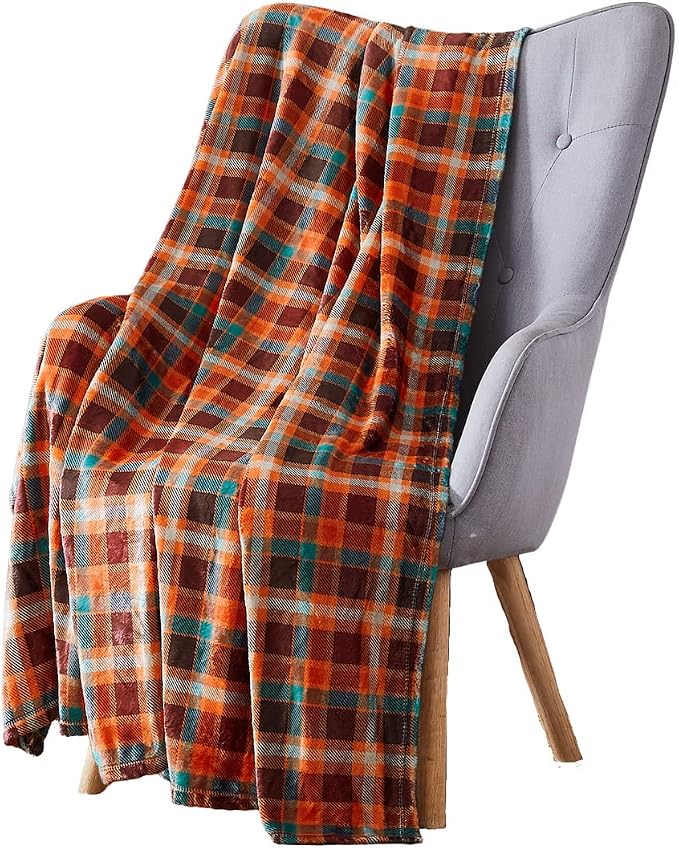 Winter Plaid Fleece Throw Blanket: Soft Plush Flannel Accent for Bed or Couch Orange, Teal Burgundy 50 x 70 inches
