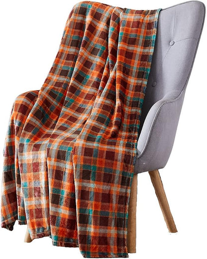 Winter Plaid Fleece Throw Blanket: Soft Plush Flannel Accent for Bed or Couch Orange, Teal Burgundy 50 x 70 inches