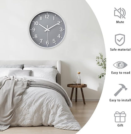 HZDHCLH Wall Clocks Battery Operated,Wall Clock Gray,14 inch Wall Clock Silent Non Ticking Modern 3D Numbers for Kitchen Bedroom Living Room Office Classroom Decor