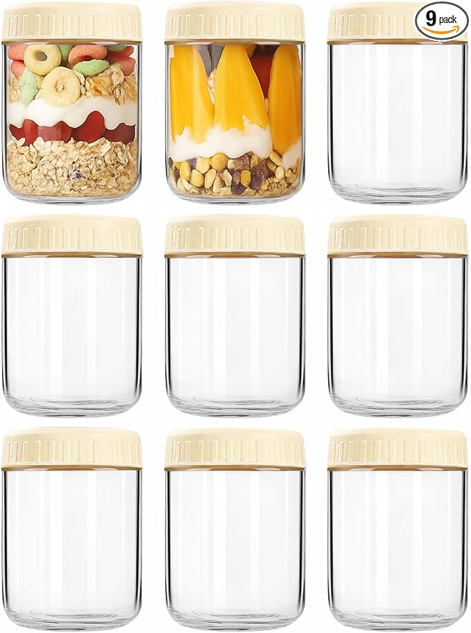 Overnight Oats Containers with Lids, 16oz Wide Mouth Mason Jars with Lids, 9 Pack Glass Jars with Airtight lid for Chia Pudding Yogurt Salad, Meal Prer Oatmeal Jars, Yellow