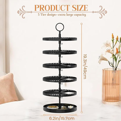 iDavosic.ly 5 Tier Rotating Earring Holder Organizer with Metal Tray, Adjustable Plastic Dangle Display Stands Tree with 285 Grooves, Large Hoop Storage Rack Tower, Black