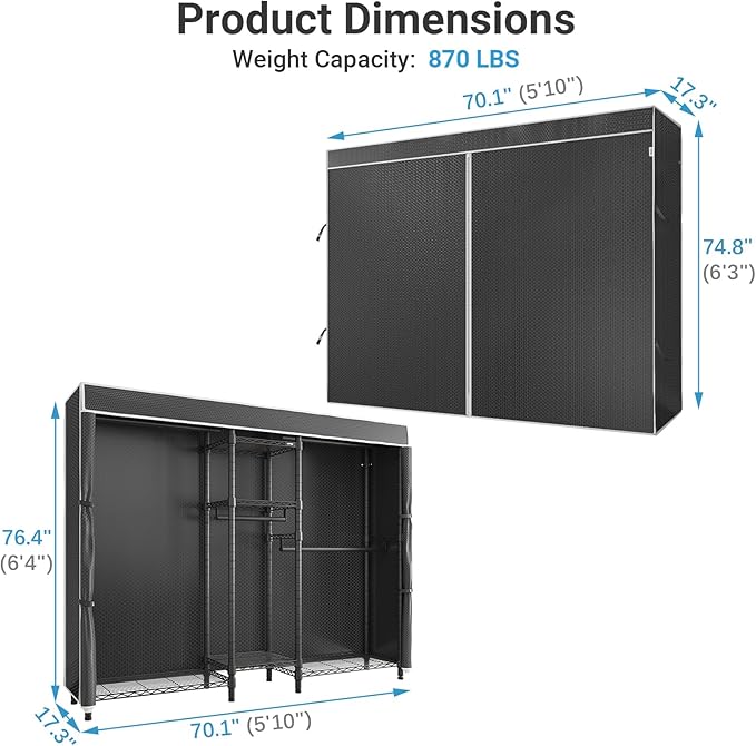 VIPEK Classic V6C Heavy Duty 5 Tiers Wire Garment Rack Large Size Wardrobe Closet Black Metal Clothing Rack with Black Oxford Fabric Cover, 70.1" L x 17.3" W x 76.4" H, Max Load 870 LBS