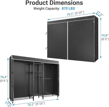 VIPEK Classic V6C Heavy Duty 5 Tiers Wire Garment Rack Large Size Wardrobe Closet Black Metal Clothing Rack with Black Oxford Fabric Cover, 70.1" L x 17.3" W x 76.4" H, Max Load 870 LBS