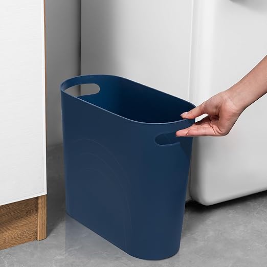 rejomiik Small Trash Can, 3.5 Gallon Slim Garbage Can Plastic Waste Basket with Handles Container Bin for Narrow Spaces Bathroom, Bedroom, Kitchen, Office at Home, Navy