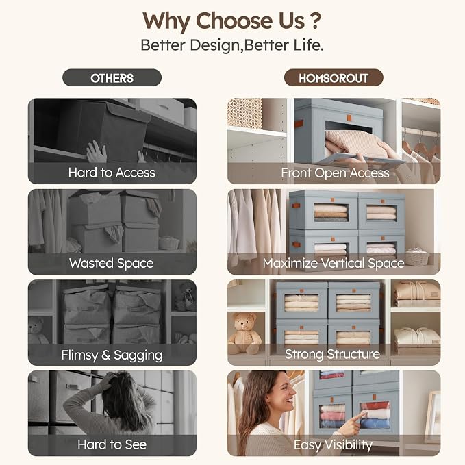 Homsorout Storage Bins with Lids - Front Opening Storage Box with Clear Window & Handles, Stackable Foldable Fabric Bins for Closet Organization, Clothes, Sweaters, Towels, Blankets, 3 Pack, Grey