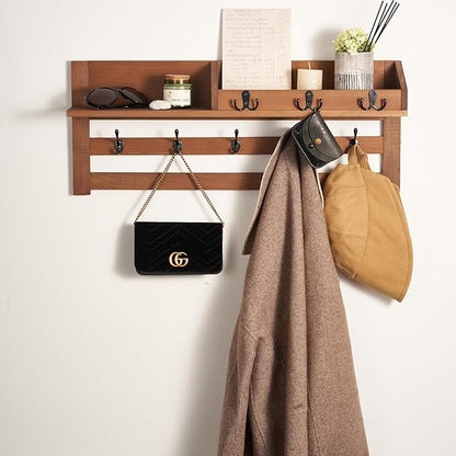 Coat Rack Wall Mount with Shelf - Wooden Entryway Organizer for Hanging Coats, Keys, Hangers - Space Saving Durable Wood Holder for Hallway, Bedroom, Office-The Essential Model
