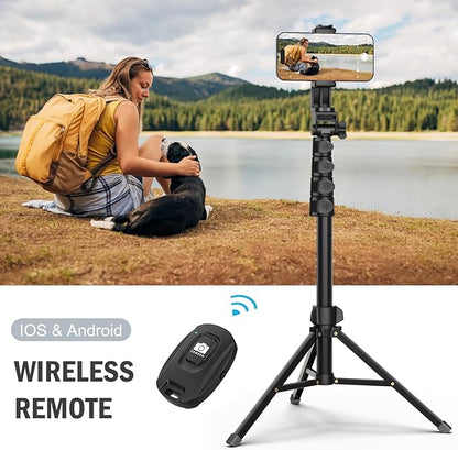 Liphisy 64” Tripod for Cell Phone & Camera, Phone Tripod with Remote and Phone Holder, Sturdy & Stable Height Adjustable Multi-Angle Shot Selfie Stick Tripod for Video Recording
