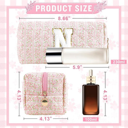 Personalized Quilted Cosmetic Bag, Puffy Monogrammed Christmas Birthday Gifts for Women & Girls, Cute initial Floral Makeup Bag Puffer Coquette Bag, Aesthetic Travel Toiletry Zipper Pouch(Pink,N)