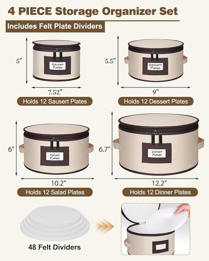 punemi China Storage Containers, 4 Pack Hard Shell Plate Dish Storage Cases with Padded Dividers & Quilted Lining, Stackable Dinnerware Storage Protectors for Moving Boxes & Holiday Storage, Beige