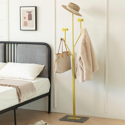 JIAYUEJU Heavy Duty Coat Rack Tree-shaped Metal Freestanding Coat Tree with Sturdy Marble Base Corner Coat Rack for Bedroom Entryway Hallway 14.96 x 10.24 x 68.9 Inches (Gold)