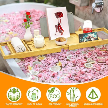 Banlilu Premium Natural Bamboo Expandable Bathtub Tray Caddy, Luxury Spa-Like Experience, Adjustable, Sturdy, Non-Slip, Foldable