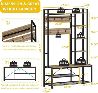 BON AUGURE Farmhouse Hall Tree for Entryway, Mudroom Bench with Shoe Storage, Large Coat Rack Shoe Bench with 5 Tier Open Shelves, Adjustable Side Hooks and Hanging Rod for Foyer (Vintage Oak)