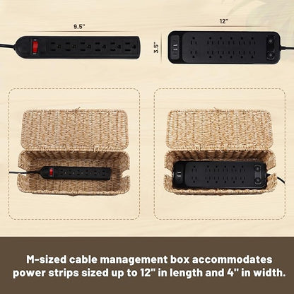 BROWNLILY Cable Management Box, Rattan Style Cord Organizer for Desk Cord Hider Outlet Covers for Power Strip TV PC Router Charger Under Desk Storage - Natural Small