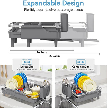 Urackify Dish Drying Rack for Kitchen Counter, Expandable Stainless Steel Dish Racks with Adjustable Water Spout, Space Saving Dish Drainer with Cutlery Holder,16.14"-23.62" L x 12.99" x 8.78",Grey