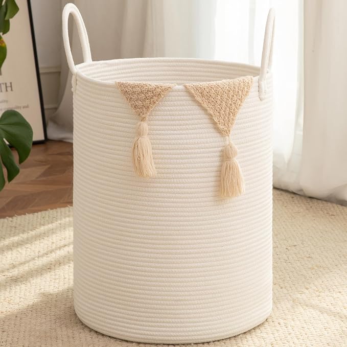 OIAHOMY Large Laundry Basket Hamper - 60L Cotton Rope Woven Basket for Blankets, Toys, Clothes - Tall Decorative Nursery Hamper with Long Handles, White