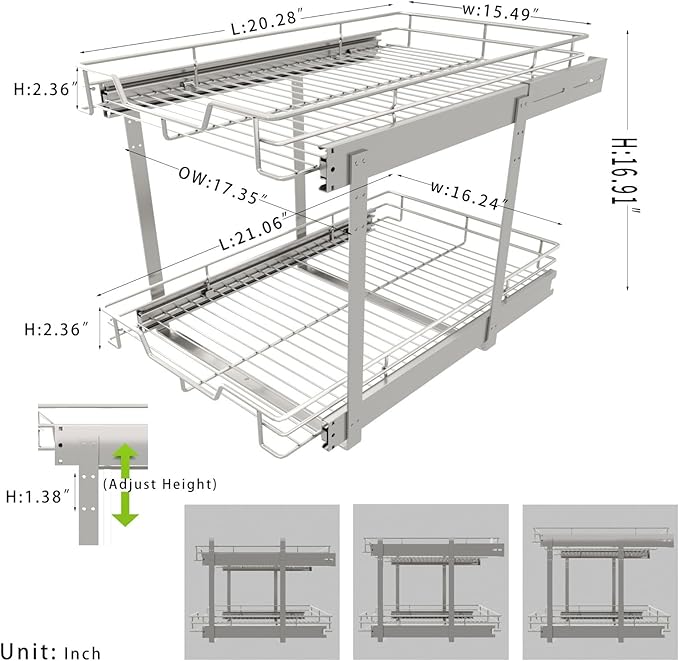EZKAZA Pull Out Cabinet Organizer 17.5" W x 21" D, 2-Tier Kitchen Cabinet Pullout Shelf and Drawer Organizer Slide Out Pantry Storage Basket, 16.2" W x 21" D x 2.4" H for Bottom Basket Size