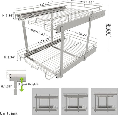 EZKAZA Pull Out Cabinet Organizer 17.5" W x 21" D, 2-Tier Kitchen Cabinet Pullout Shelf and Drawer Organizer Slide Out Pantry Storage Basket, 16.2" W x 21" D x 2.4" H for Bottom Basket Size