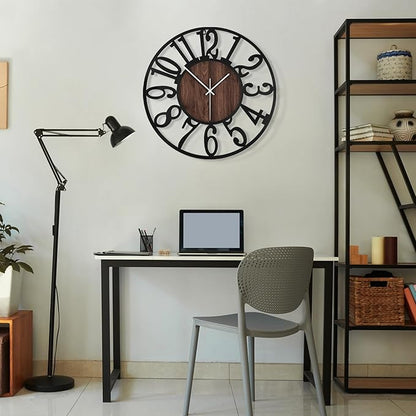 Maxstar Large Round Wall Clock for Living Room Decor Battery Operated Non Ticking Black Metal Wood Clocks for Home Living Room Garden Farmhouse Office Kitchen Decoration -32 inch