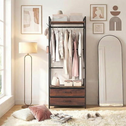 Giantex Clothes Rack with Drawers, Heavy Duty Clothing Garment Rack with Side Hooks and Metal Frame, Industrial Freestanding Clothes Storage Organizer for Entryway, Living Room, Bedroom