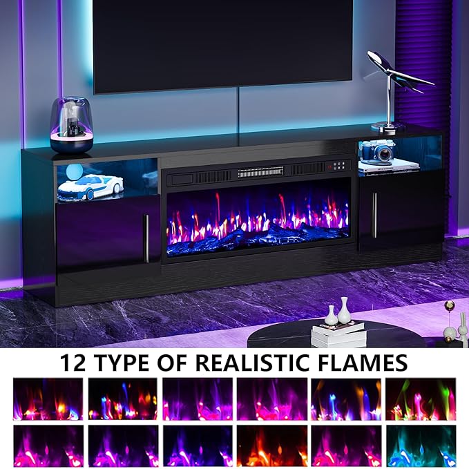 PRETZI Fireplace TV Stand with 36" Fireplace Up to 80" TVs, 70" Entertainment Center with LED Lights, Remote Control, TV Media Console with Storage Cabinets for Living Room, Black
